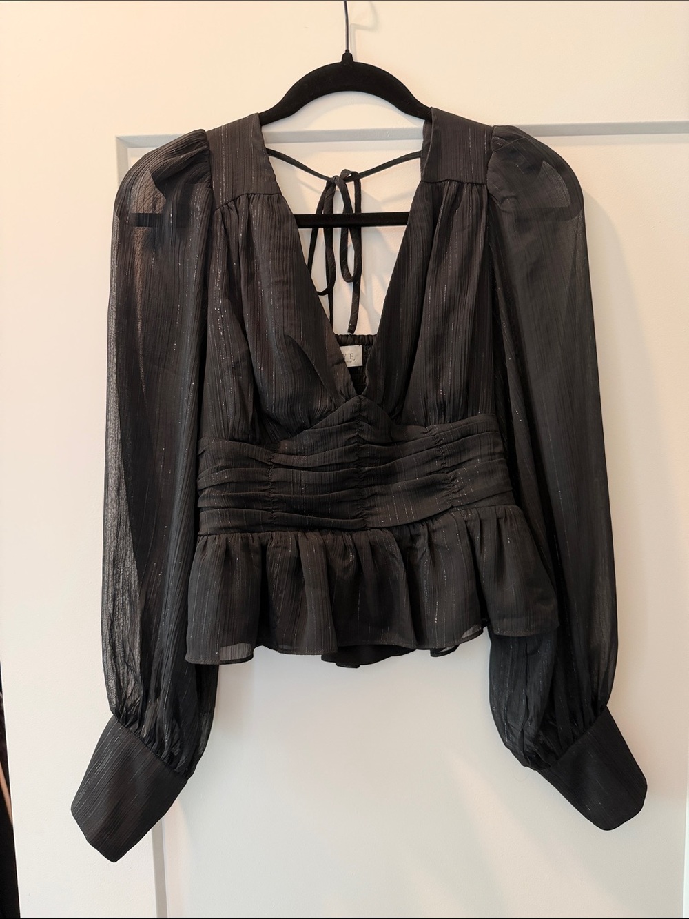 Wayf Black Sheer Long-Sleeve V-Neck Ruffle Peplum Blouse